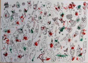 Pagola Javier, Personajes con manchas rojas y verdes, Serigrafía firmada, fechada y numerada a lápiz, edición 50 ejemplares en 1993. Medidas 50X70 cms (3)