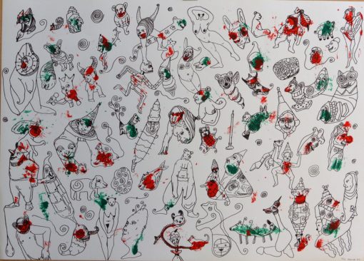 Javier Pagola - "Personajes con manchas rojas y verdes", serigrafía
