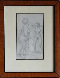 Barba Juan dibujo lápiz papel 15x9 cms y marco 26x20,50 cms. dos mujeres desnudas (2)