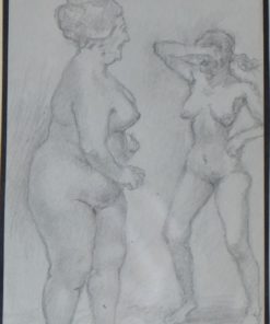 Juan Barba - "Dos mujeres desnudas" dibujo lápiz papel, enmarcado