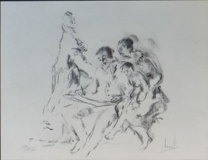 Juan Vicente Barrio, Juanvi, dibujo carboncillo  papel, dibujando en familia 41,50x31 y marco 65x56 cms 420 (1)