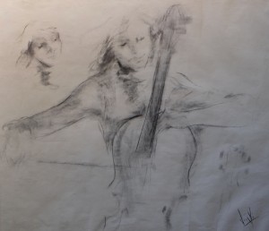 Juanvi, Juan Vicente Barrio, lección de música con cello, enmarcado, papel 63x73 y marco 78x87, 250--190 (18)