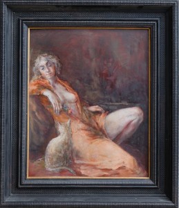 Juanvi, Juan Vicente Barrio, muer recostada con gato, oleo tablex, 61x50 cms. y marco 81x70 cms. 2250 (2)