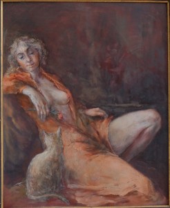Juanvi, Juan Vicente Barrio, muer recostada con gato, oleo tablex, 61x50 cms. y marco 81x70 cms. 2250 (5)