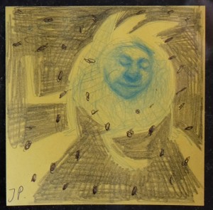 Pagola Javier, personaje festivo fondo amarillo, técnica mixta papel, enmarcado, dibujo 9,50x9,50 cms. y marco 25x25 90 (2)