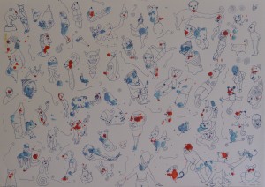 Pagola Javier, serigrafía edición 50 ejemplares, personajes con manchas azules y rojas. 50x70 cms. 320 (2)