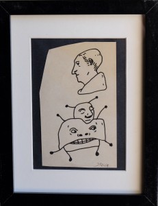 Pagola Javier, torso de perfil sobre extraterrestre, técnica mixta papel, enmarcado, dibujo 16x9,50 cms. y marco 26,50x20,50 90 (1)