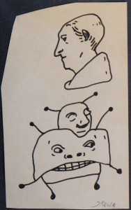 Pagola Javier, torso de perfil sobre extraterrestre, técnica mixta papel, enmarcado, dibujo 16x9,50 cms. y marco 26,50x20,50 90 (2)