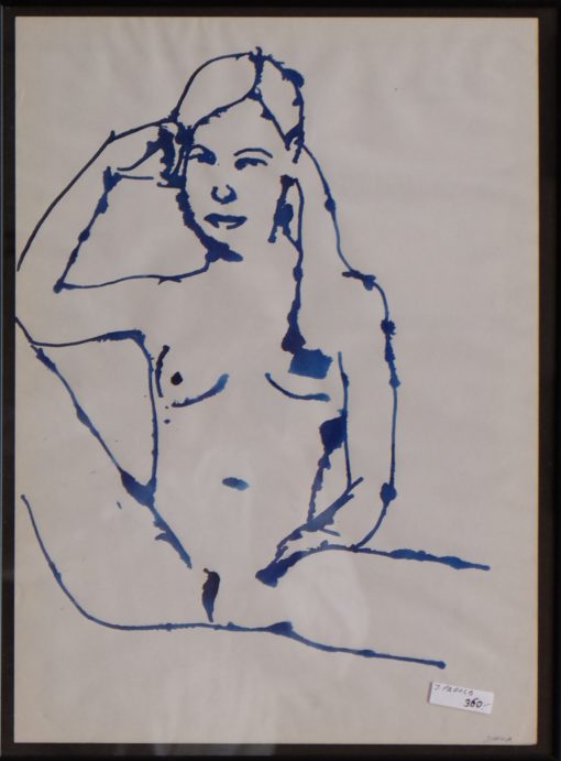 Javier Pagola - "Joven desnuda sentada de frente" dibujo original acrílico papel, enmarcado