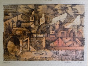 Pizarro, Roberto L.  casas sobre el río, grabado aguafuerte, edición 50 ejemplares, numerado y firmado a lápiz, plancha 16x22,50 y papel 19x25 cms. 140-90 (15)