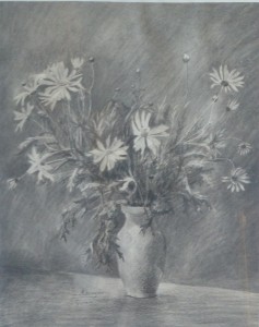 Alcayde Julia, Jarrón con flores, dibujo carboncillo, enmarcado, 50x40 y marco 70x58 cms. 560 (4)