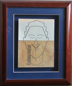 Arroyo Eduardo, El difunto Toupinal, dibujo ceras y collage, firmado en 1994, obra 22x16 cms. y marco 39x33 cms (4)