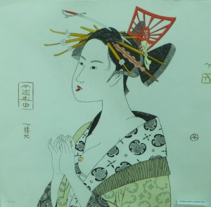 Bellver Fernando, Geisha sable, aguafuerte coloreado a mano, edición 99 ejemplares, numerado y firmado a lápiz, 49x48 y marco 62x61 cms. 500 (2)