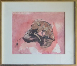 Castillo Jorge, Cabeza de perro volador, tinta y acuarela, firmado en 1969 y dedicado a Fefa Seiquer, enmarcado, dibujo 27x34 cms y marco 42x48,50 cms. 1100 (1)