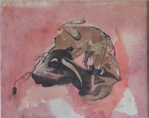 Castillo Jorge, Cabeza de perro volador, tinta y acuarela, firmado en 1969 y dedicado a Fefa Seiquer, enmarcado, dibujo 27x34 cms y marco 42x48,50 cms. 1100 (3)