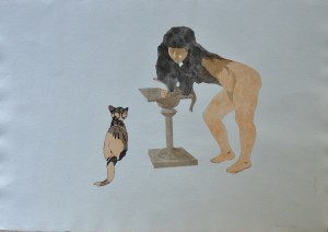 Castillo Jorge, niña y gato, firmado1982 New York, lápiz tinta y acuarela papel, 56x76 cms.  (2)