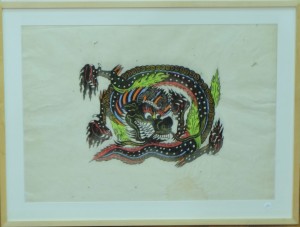 Escuela oriental, Dragón I, estampación sobre papel de arroz coloreada a mano, enmarcado, papel 49x69 y marco 62x83 cms. 190 (3)