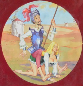 Jano, Parodia de Don Quijote, ilustración acuarela papel, circular 26 cms. diámetro y marco 47x36 cms. 260 (1)