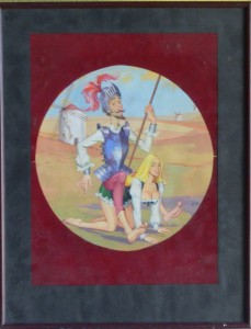 Jano, Parodia de Don Quijote, ilustración acuarela papel, circular 26 cms. diámetro y marco 47x36 cms. 260 (5)