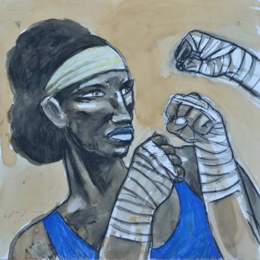Javier de Juan - "Boxing girl" dibujo original técnica mixta papel, enmarcado