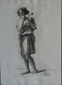 Macho Vitorio, Flautista, dibujo carboncillo papel, enmarcado,32x23 cms y marco 46x36 cms. 600 (1)