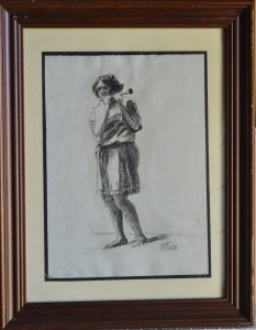 Macho Vitorio, Flautista, dibujo carboncillo papel, enmarcado,32x23 cms y marco 46x36 cms. 600 (4)