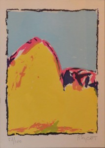 Sycet Pablo, Montaña amarilla, serigrafía edición 100 ejemplares, numerada y firmada a lápiz, enmarcada, 23x15 y marco 32x25, 130 (9)