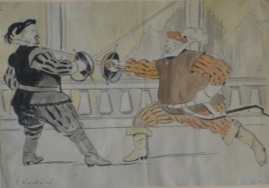 Xaudaró Joaquin, El Duelo, dibujo tinta china papel, enmarcado, dibujo  15.50x22,50 cms. y marco 39,50x50 cms.   (19)