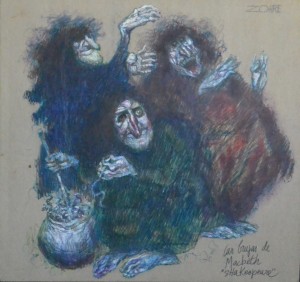 Zohre, Las brujas de Macbeth, oleo en barra cartulina, enmarcado, dibujo 33x35 cms. y marco 52x45 cms. 560 (1)