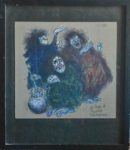 Zohre, Las brujas de Macbeth, oleo en barra cartulina, enmarcado, dibujo 33x35 cms. y marco 52x45 cms. 560 (3)