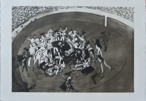 Barjola Juan, Tauromaquia, cogida, grabado aguafuerte, edición 99 ejemplares, numerado y firmado a lápiz, 75x106 cms (2)