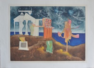 Matta Roberto, L' arc obscur des heures, 12 p.m. grabado aguafuerte y aguatinta, numerado 96-125 y firmado a lápiz en 1975, papel 63x88 cms. y plancha 50x70 cms. 2200 (1)