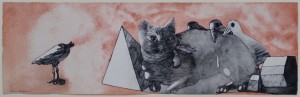 Castillo Jorge, Gato con lazo y el pájaro descabezado, dibujo tinta china y gouasche, Berlín 1972, enmarcado, dibujo 17x55 cms. y marco 38x76 cms (3)