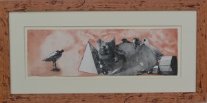 Castillo Jorge, Gato con lazo y el pájaro descabezado, dibujo tinta china y gouasche, Berlín 1972, enmarcado, dibujo 17x55 cms. y marco 38x76 cms (6)