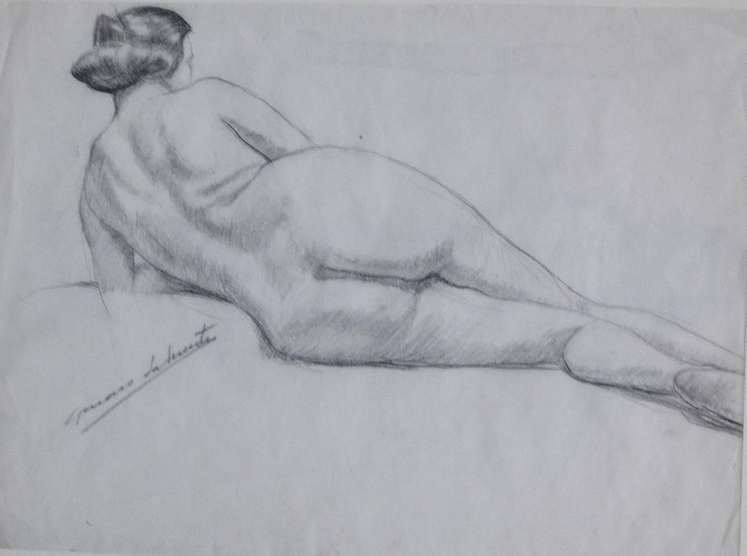 Genaro Lahuerta, Mujer desnuda tumbada de espaldas, dibujo lápiz papel, enm...