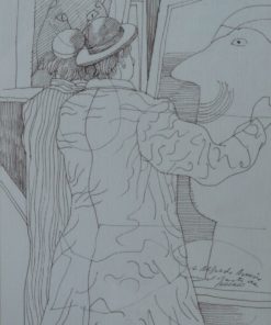 Manuel Alcorlo - "En el Museo" dibujo tinta papel, enmarcado