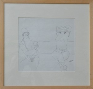 Alcorlo Manolo, En el banquillo, dibujo tinta china papel Fabiano, enmarcado, dibujo 28x29 cms y marco 46x48 cms (2)