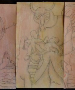 Manuel Alcorlo - "Escena mitológica" tríptico, dibujo lápiz y acuarela papel, enmarcado