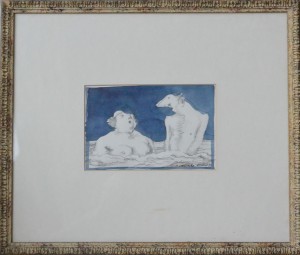 Alcorlo Manolo, en el baño, dibujo técnica mixta cartulina, enmarcado dibujo 10x15 cms. y con marco 28x33 cms. (2)