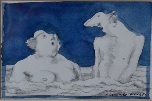 Alcorlo Manolo, en el baño, dibujo técnica mixta cartulina, enmarcado dibujo 10x15 cms. y con marco 28x33 cms. (5)
