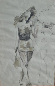 Alcorlo Manolo, joven presumida, dibujo tinta y aguada papel, enmarcado, dibujo 28,50x18,50 y marco 50,50x38,50 cms (5)