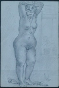Barba Juan, Mujer desnuda con brazos en alto, dibujo lápiz papel, enmarcado, dibujo 16x11 cms. y marco 32x24 cms. (1)