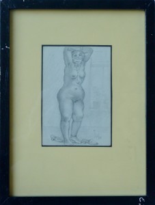 Barba Juan, Mujer desnuda con brazos en alto, dibujo lápiz papel, enmarcado, dibujo 16x11 cms. y marco 32x24 cms. (3)