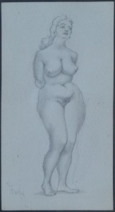 Barba Juan, Mujer desnuda de frente, dibujo lápiz papel, enmarcado, dibujo 15x8 cms. y marco 29x21 cms. (1)