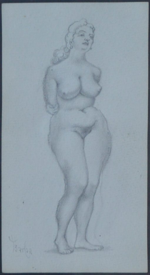 Juan Barba - "Mujer desnuda de frente" dibujo lápiz papel,  enmarcado