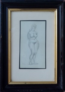 Barba Juan, Mujer desnuda de frente, dibujo lápiz papel, enmarcado, dibujo 15x8 cms. y marco 29x21 cms. (3)