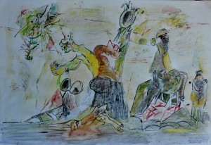 Bonifacio, 1981, Paisaje con mostruo, técnica mixta papel, obra 50x73 cms y marco 68x91 cms (6)