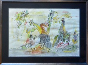 Bonifacio, 1981, Paisaje con mostruo, técnica mixta papel, obra 50x73 cms y marco 68x91 cms (9)
