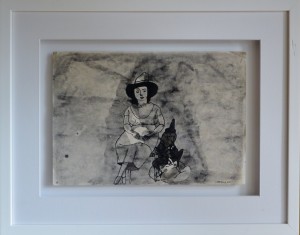 Castillo Jorge, Mujer sentada y mono con gafas, tinta china y aguada cartulina, firmado en 1960, enmarcado, dibujo 21x30,50 cms. y marco 37x47 cms (2)