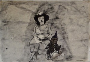 Castillo Jorge, Mujer sentada y mono con gafas, tinta china y aguada cartulina, firmado en 1960, enmarcado, dibujo 21x30,50 cms. y marco 37x47 cms (4)
